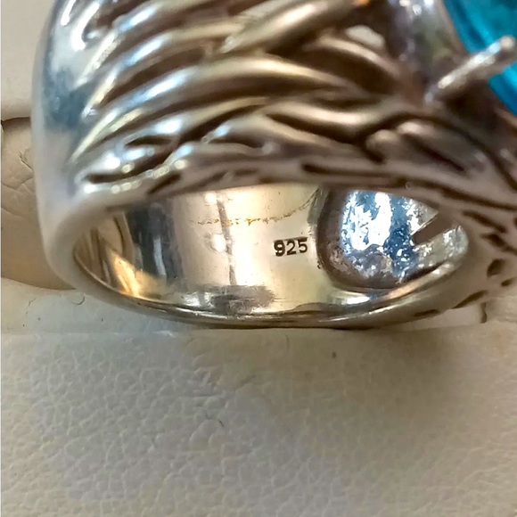 EFFY Bright Blue Oval Topaz Silver 925 Ring, Heavy 14.9g, Unique Roots look - Picture 6 of 6